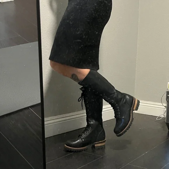 90s knee high lace up boots genuine leather logger black Skechers goodyear welt - Picture 15 of 16